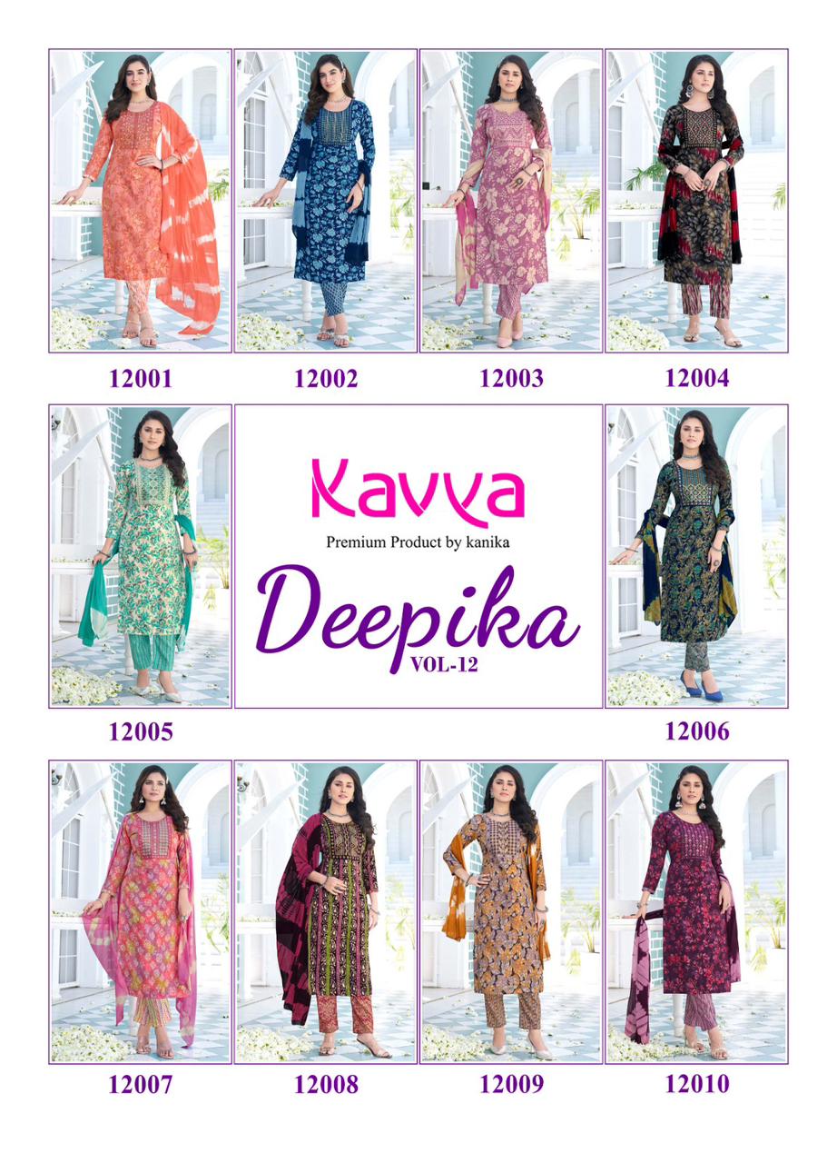 Deepika Vol 12 By Kavya Straight Cut Embroidery Kurti With Bottom Dupatta Wholesale Market
